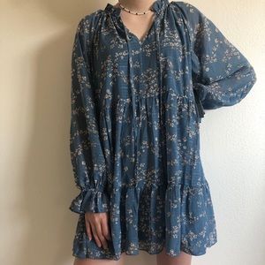 Romantic Slate Blue Floral Tiered Babydoll Dress